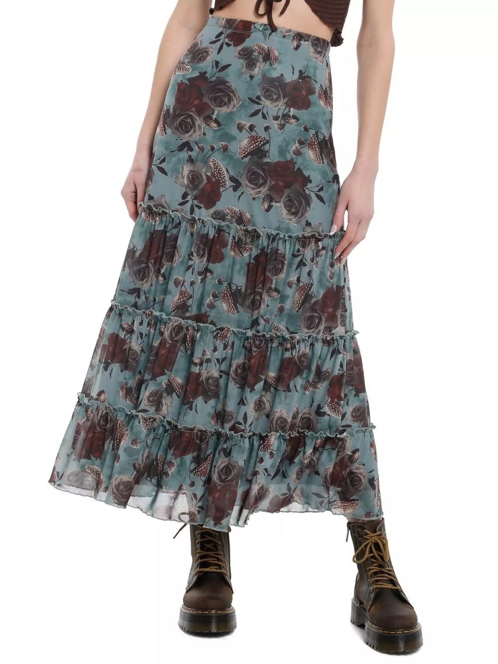 Thorn & Fable Rose & Mushroom Tiered Mesh Maxi Skirt